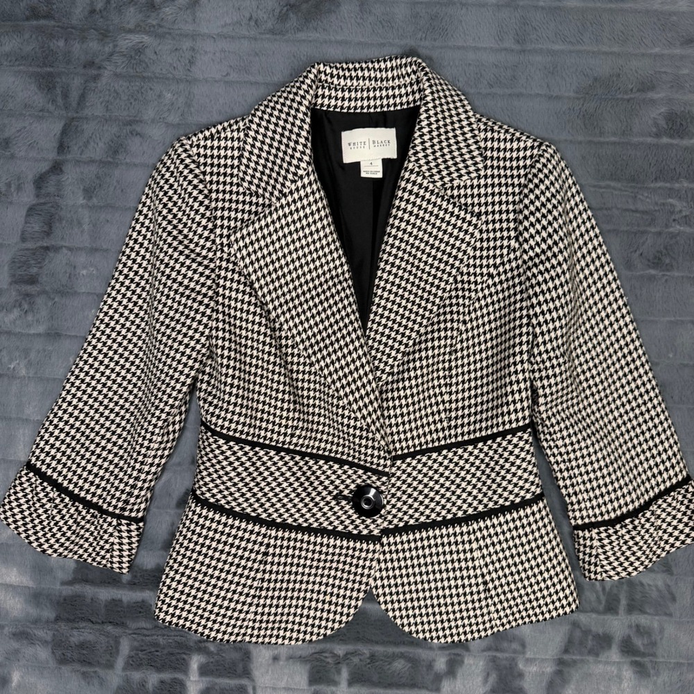 White House Black Market Houndstooth Metallic Blazer Jacket Black White Size 4
